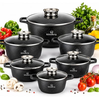 12-delige KlönBerg kookset |   Marmercoating |   Pot |   met deksel |   Anti-aanbaklaag |   Geschikt voor inductiekookplaten |   Perfect cadeau |   Compatibel met alle soorten kookapparatuur |