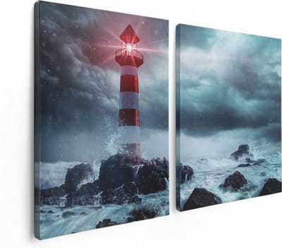 Artaza Canvas Schilderij Tweeluik Vuurtoren tijdens een Storm - 120x80 - Foto Op Canvas - Canvas Print