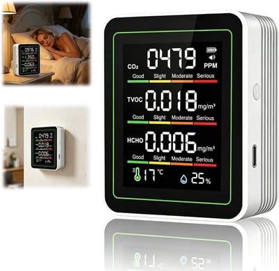 Witte 5-in-1 luchtkwaliteitsdetector, meet CO2, formaldehyde (HCHO), TVOC, temperatuur en luchtvochtigheid, realtime weergave van meetwaarden, geschikt voor thuisgebruik en kantoorluchtcontrole