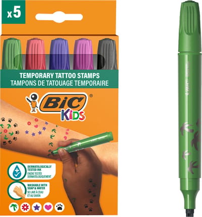 BIC Kids Tattoo Stiften & Stempels voor Kinderen - Tijdelijke Tattoos Kind - Afwasbaar - Set van 5 stuks - Ideaal voor Kinderfeestje of Cadeautje