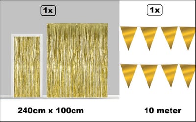 Set Folie gordijn metallic 2,4m x 1m goud + vlaggenlijn goud 10 meter - Decoratie festival themafeest carnaval gala disco glitter and glamour wanddeco