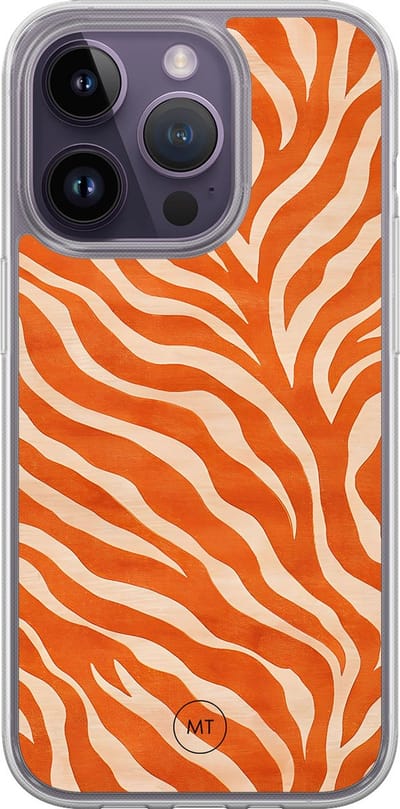 Hybride hoesje geschikt voor iPhone 14 Pro - Zebra oranje - Extra bescherming - Luxe beschermhoes - TPU case - Transparant, Oranje - Mooie Telefoonhoesjes