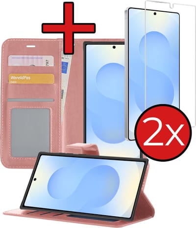 Hoesje - Met 2x Screenprotector - Geschikt voor Samsung Galaxy S25 Ultra - Luxe Pasjeshouder - Flip Case - Bookcase Portemonee - Kunstleer Book Case - Flipcase Hoes - Book Cover - Walletcase - Portemonneehoes - Telefoonhoes - Rosé goud