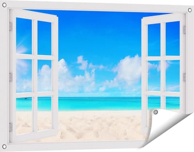 Gards Tuinposter Doorkijk Strand en Zee met Helder Witte Zand - 90x60 cm - Tuindoek - Tuindecoratie - Wanddecoratie buiten - Tuinschilderij