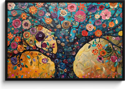 Poster in lijst - Fotolijst 120x80 cm - Posters - Boom - Levensboom - Kleurrijk - Bloemen - Modern - Posterlijst zwart - Decoratie - Wanddecoratie woonkamer - Muurdecoratie slaapkamer