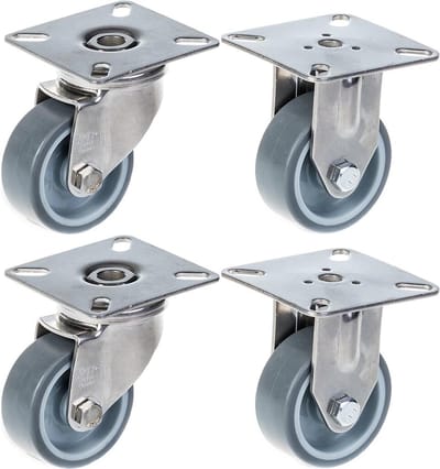 50 mm (2") roestvrijstalen zwenkwielen met grijze rubberen wielen, zwenkbaar en vast, 160 kg, set van 4