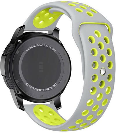 Strap-it 20mm - sport bandje geschikt voor Samsung Galaxy Watch 42mm / Active (2) - 40 & 44mm / Watch 3 41mm / Watch 4 (Classic) / Watch FE / Galaxy Watch 5 / 5 Pro / Galaxy Watch 7 (40 & 44mm) / Watch 6 (Classic) / Gear Sport - grijs/geel