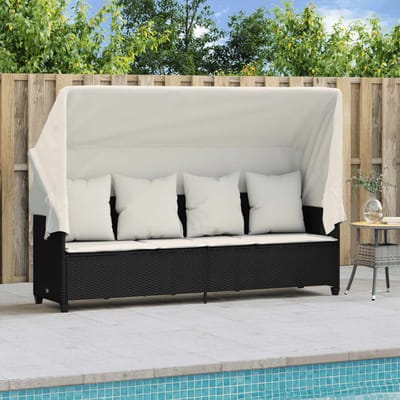 vidaXL - Ligbed - met - luifel - en - kussens - poly - rattan - zwart