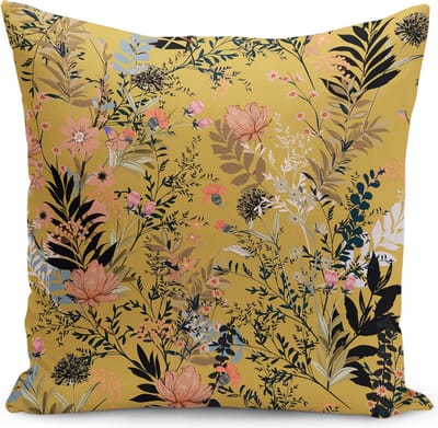 De Groen Home FLORA - Velvet Kussenhoesjes - 45x45 cm - Bloemen op geel - Fluweel - Aan beide zijdig bedrukt