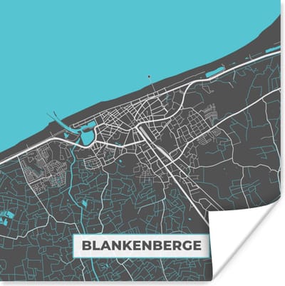 Poster België – Blankenberge – Stadskaart – Kaart – Blauw – Plattegrond - 100x100 cm XXL