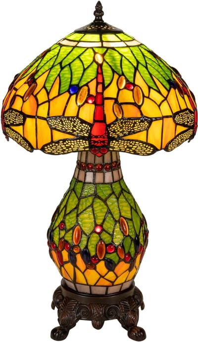 Tiffany tafellamp Libelle - Groen-geel - Ø 30 cm - Glas in lood - Warm licht - Verlichte voet - Dragonfly | RORUVERA