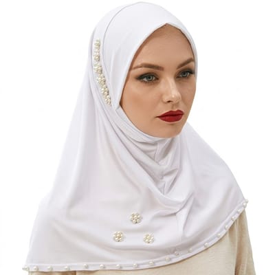 Witte hoofddoek dames jersey hijab muts met studs volledige kinbedekking rekbare hoofddoek sjaal Ramadan stijl effen stretch hoofdbedekking met parel details direct draagbaar