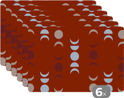 Placemat - Placemats kunststof - Maan - Rood - Patroon - 45x30 cm - 6 stuks - Hittebestendig - Anti-Slip - Onderlegger - Afneembaar