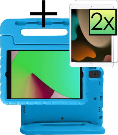 Hoes - Geschikt voor Apple iPad 7 (2019) - 10.2 inch - 7e Generatie - Met 2x Screenprotector - Kinderhoes Shockproof Bumper - Kidsproof Case - Tablet Hoesje - Kinder Cover - Blauw
