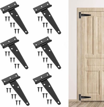 Zwarte T-vormige scharnieren set van 6, inclusief 30 zwarte schroeven, ideaal voor tuin- en schuurdeuren