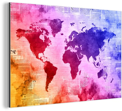 Aluminium schilderij 150x100 cm - Wanddecoratie metaal - Wereldkaart - Waterverf - Regenboog - Metalen muurdecoratie woonkamer - Decoratie industrieel - Foto op dibond - Industriële accessoires slaapkamer
