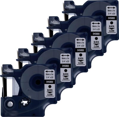 DULA Dymo D1 45800 - S0720820 - Compatible label tape - 5 lettertapes - Zwart op transparant - 19mm x 7m