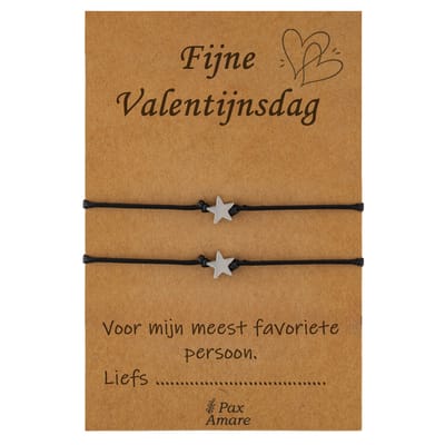 Koppel Armbandjes voor 2 "Fijne Valentijnsdag" - Sterretjes - Vriendschapsarmbandjes met Persoonlijk Cadeau Kaartje - Zilverkleurig - Elastisch Verstelbaar - Pax Amare