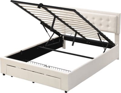 Gestoffeerd bed van 140 x 200 mm, met lattenbodem en hoofdbord, opbergbed, hydraulisch verstelbaar gestoffeerd bed, tweepersoonsbed, met 2 lades, houten lattenbodem, fluwelen stof, beige.
