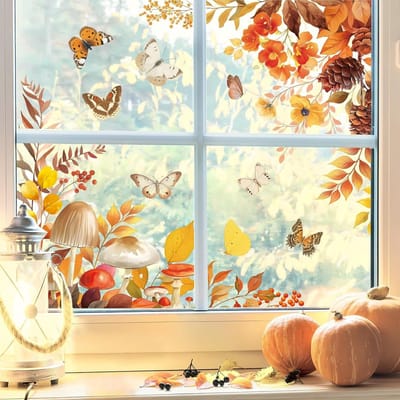 Herfstvensterdecoratie met bladeren, bloemen, vlinders en paddenstoelen - Dubbelzijdige statische raamstickers voor glas en deuren