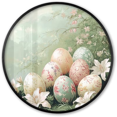 Poster in lijst Rond - Fotolijst 60x60 cm - Posters - Paaseieren - Pasteltinten - Bloemen - Ronde posterlijst zwart - Decoratie - Wanddecoratie woonkamer - Muurdecoratie slaapkamer