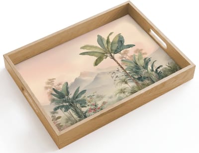 Dienblad hout 40x30 cm - Schootdienblad - Tropisch landschap - palmbomen - Bloemen - Roze lucht - Borrelplank rechthoek - Plateau dienbladen