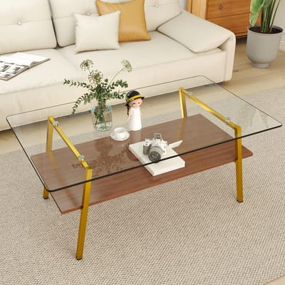 STILVORA Salontafel - Gehard Glas Met Gouden Metalen Poten - Moderne Tafel Voor Woonkamer - MDF;Blush;Goud - 98x58x42,5 Cm