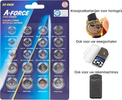 A-Force lithium knoopcel batterijen | batterijen horloges | batterijen weegschaal | AG1 LR621 X3 AG5 LR754 X3 AG8 LR1120 X3 AG12 LR43 X3 | AG3 LR41 X6 AG4 LR626 X6 AG10 LR1130 X6 AG13 LR44 X6 | CR1620 X6 CR2016 X6 CR2025 X6 CR2032 X6