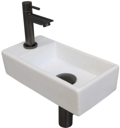 INK - Fonteinpack Porselein Links incl. Fonteinkraan - Design Sifon - Design Plug en Montageset - 360x180x90 Mm - Glans Wit/metal Black