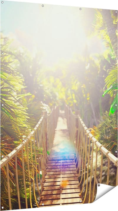 Gards Tuinposter Houten Brug in de Tropische Jungle - 120x180 cm - Tuindoek - Tuindecoratie - Wanddecoratie buiten - Tuinschilderij