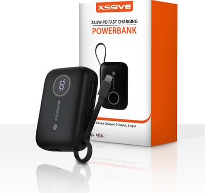 Powerbank met Ingebouwde 20W Power Delivery Kabel Geschikt voor Lightning - 18W USB A en 20W USB C Fast Charger Poort - 9600 mAh - Geschikt voor Powerbank iPhone Kabel - Compacte Externe Batterij Zwart