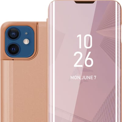 Cadorabo Hoesje geschikt voor Apple iPhone 12 / 12 PRO in KUNZIET ROZE - Clear View Spiegel Beschermende Case met Tribunefunctie 360 Graden Bescherming Book Case Cover Etui