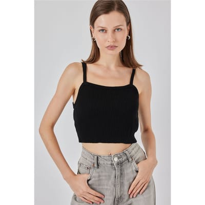 Vierkante Kraag Geribbelde Gebreide Crop Top