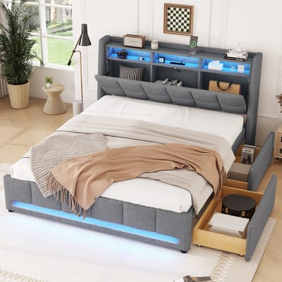 DESMIU Gestoffeerd Bed 140x200cm Zonder Matras – Bed Met Led Sfeerverlichting – Hoofdbord Met Oplaadpunt En Opbergruimte – Met Lades – Slaapkamer – Linnenlook – Grijs