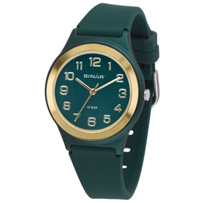 Sinar - Horloge Kind / Tiener / Jeugd - Kinderhorloge Jongen / Meisje - Tiener / Jeugd - 10 bar Waterdicht - Analoog - Donker Groen / Goud - Ø 36 mm - Stevig Siliconen bandje - Verstelbaar (13 - 18,5 cm) - Edelstalen Sluiting - Quartz - XB-48-6