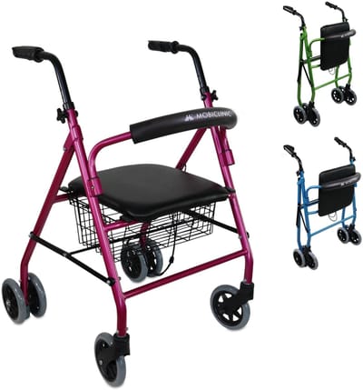 Mobiclinic Prado - Rollator - Looprek met 4 wielen - Stoel en Rugleuning - Opvouwbare en Verstelbare in Hoogte - Lichtgewicht - Aluminium - Zitting en mandje - Drukremmen - Roze