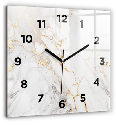 Wallfluent Wandklok - Decoratief marmer Klok met Afbeelding - 60 cm x 60 cm - Wit Wandklok - Zwarte Handen - Wandklok Met Cijfers - Wandklok Glas Woonkamer - Vierkante Glazen Klok - Minimalistisch Wandklok - Klok met Afbeelding