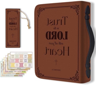Grote Bijbelhoes van PU Leer met Boekenlegger en Draagtas voor Christelijke Notitieboeken - Bruin, Bloemmotief, Duurzaam en Stijlvol