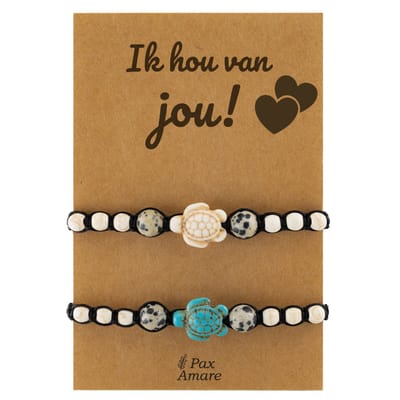 Vriendschapsarmbandjes voor 2 "Ik Hou van Jou" - Schildpadjes - Koppel Armbandjes met Lief Cadeau Kaartje - Wit & Blauw - Elastisch Verstelbaar - Pax Amare