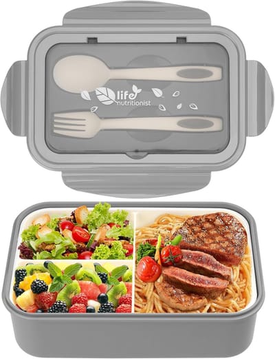 Famanu - Lunchbox, lekvrije bentobox voor volwassenen, voedselcontainer met 3 compartimenten en bestekset, BPA-vrij, magnetron- en vaatwasserbestendig, maaltijdvoorbereidingscontainers