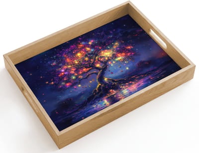 Dienblad hout 40x30 cm - Schootdienblad - Kosmisch - lichtboom - Kerst - Kleurrijk - Borrelplank rechthoek - Plateau dienbladen