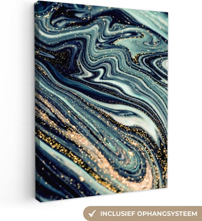 Canvas schilderij 30x40 cm - Wanddecoratie Marmer - Goud - Blauw - Glitter - Marmerlook - Abstract - Muurdecoratie woonkamer - Slaapkamer decoratie - Kamer accessoires - Schilderijen op canvas