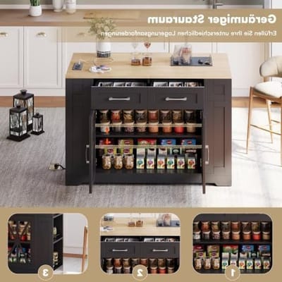 Mobiele keukentrolley met inklapbare tafel en stopcontacten: multifunctioneel keukeneiland met USB, rolbaar en met glazen deuren, zwart, 120 x 40 (65) x 92 cm