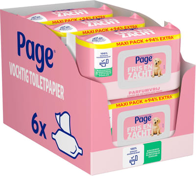 Page® vochtig toiletpapier - Fris en Zacht (Sensitive) Maxi - Parfumvrij - 444 velletjes - 6 x 74 stuks