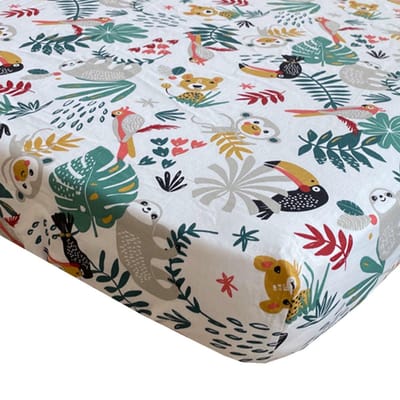 BINK Bedding Hoeslaken Zoë Ledikant 60 x 120 - vrolijke jungle dieren - kleurrijke print - kinderkamer