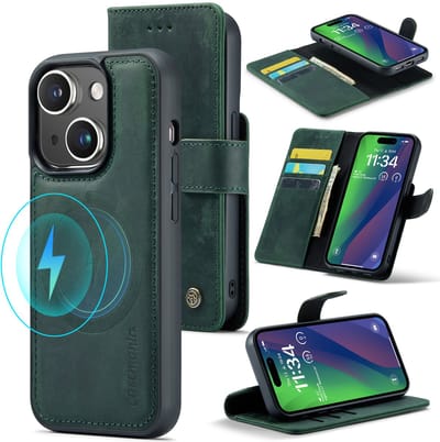 Casemania Echt Leren Hoesje Geschikt voor Apple iPhone 15 Plus - Emerald Green - 2-in-1 Magnetisch Afneembare Book Case - Portemonnee Hoes met Pasjeshouder - Geschikt voor MagSafe