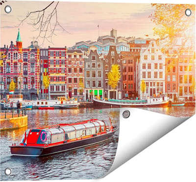 Gards Tuinposter Amsterdamse Huisjes vanaf de Grachten - 50x40 cm - Tuindoek - Tuindecoratie - Wanddecoratie buiten - Tuinschilderij