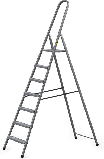 Stalen Standaard Trap met 7 Treden - 2,19 M Lang - Werkhoogte 3,46 M - Laadvermogen 125 kg - Geschikt voor Huishouden en Schilderwerk - Grijze Poedercoating Afwerking