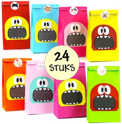 Fako Bijoux - 24 Uitdeelzakjes + Stickers - Monsters - 12x8x22cm - Stevig Papier - Traktatie Zakjes - Papieren Zakjes - Cadeau Zakjes - 8 Verschillende Kleuren - Kraftpapier - 24 Stuks