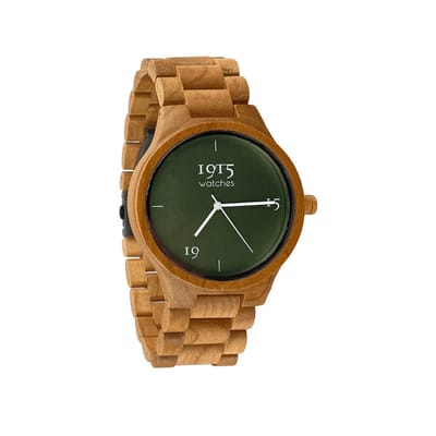 1915 Watch Origin Dunes - Ø 46 mm - Heren Horloge - Kersenhout - Polshorloge - Houten Horloge - 1915 watches - Duurzaam Cadeau - Inclusief Geschenkdoos - Herenhorloge - Geschenkset Voor Mannen - Cadeaupakket - Vaderdag Cadeau - Geschenkdoos - Groen